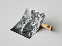 Majestic Lioness and Cubs Wall Art – Heartwarming Safari Wildlife Print