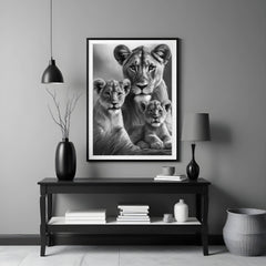 Majestic Lioness and Cubs Wall Art – Heartwarming Safari Wildlife Print