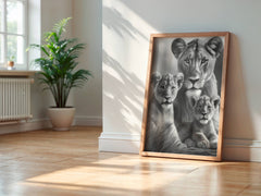 Majestic Lioness and Cubs Wall Art – Heartwarming Safari Wildlife Print
