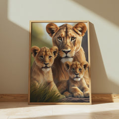 Majestic Lioness and Cubs Wall Art – Heartwarming Safari Wildlife Print