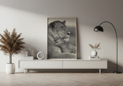 Lioness and Cub Wall Art – Black and White Wildlife Print
