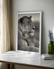 Lioness and Cub Wall Art – Black and White Wildlife Print
