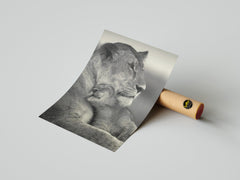 Lioness and Cub Wall Art – Black and White Wildlife Print