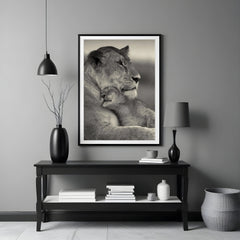 Lioness and Cub Wall Art – Black and White Wildlife Print