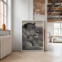 Lioness and Cub Wall Art – Black and White Wildlife Print