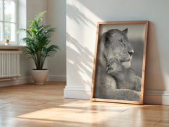 Lioness and Cub Wall Art – Black and White Wildlife Print