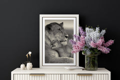 Lioness and Cub Wall Art – Black and White Wildlife Print