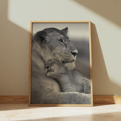 Lioness and Cub Wall Art – Black and White Wildlife Print
