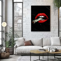 Living room with a white sofa, coffee table, and wall art featuring red lips and a dollar bill.