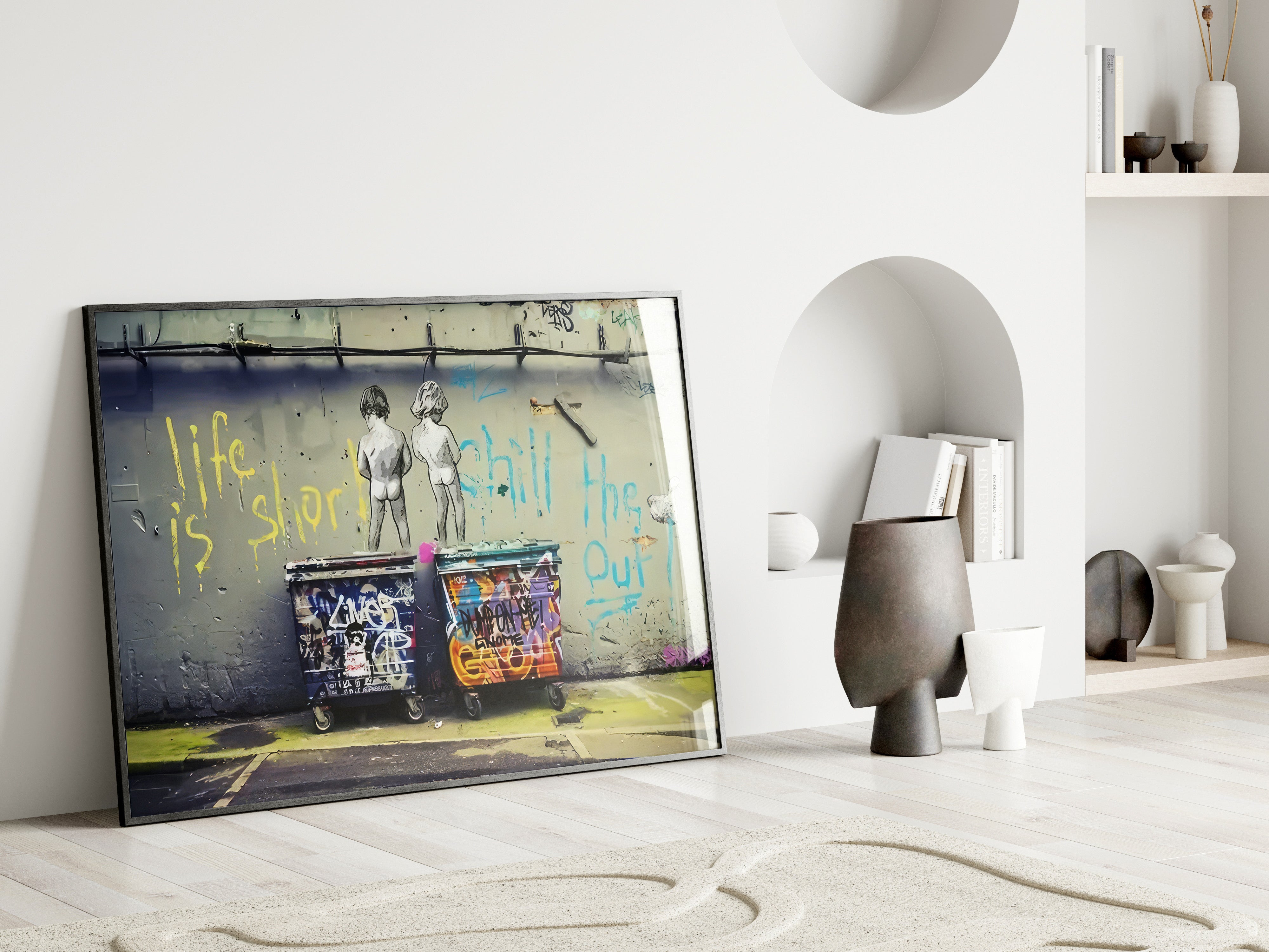 Banksy-inspired Chill the Duck Out wall art print with graffiti dumpsters