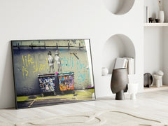 Banksy-inspired Chill the Duck Out wall art print with graffiti dumpsters