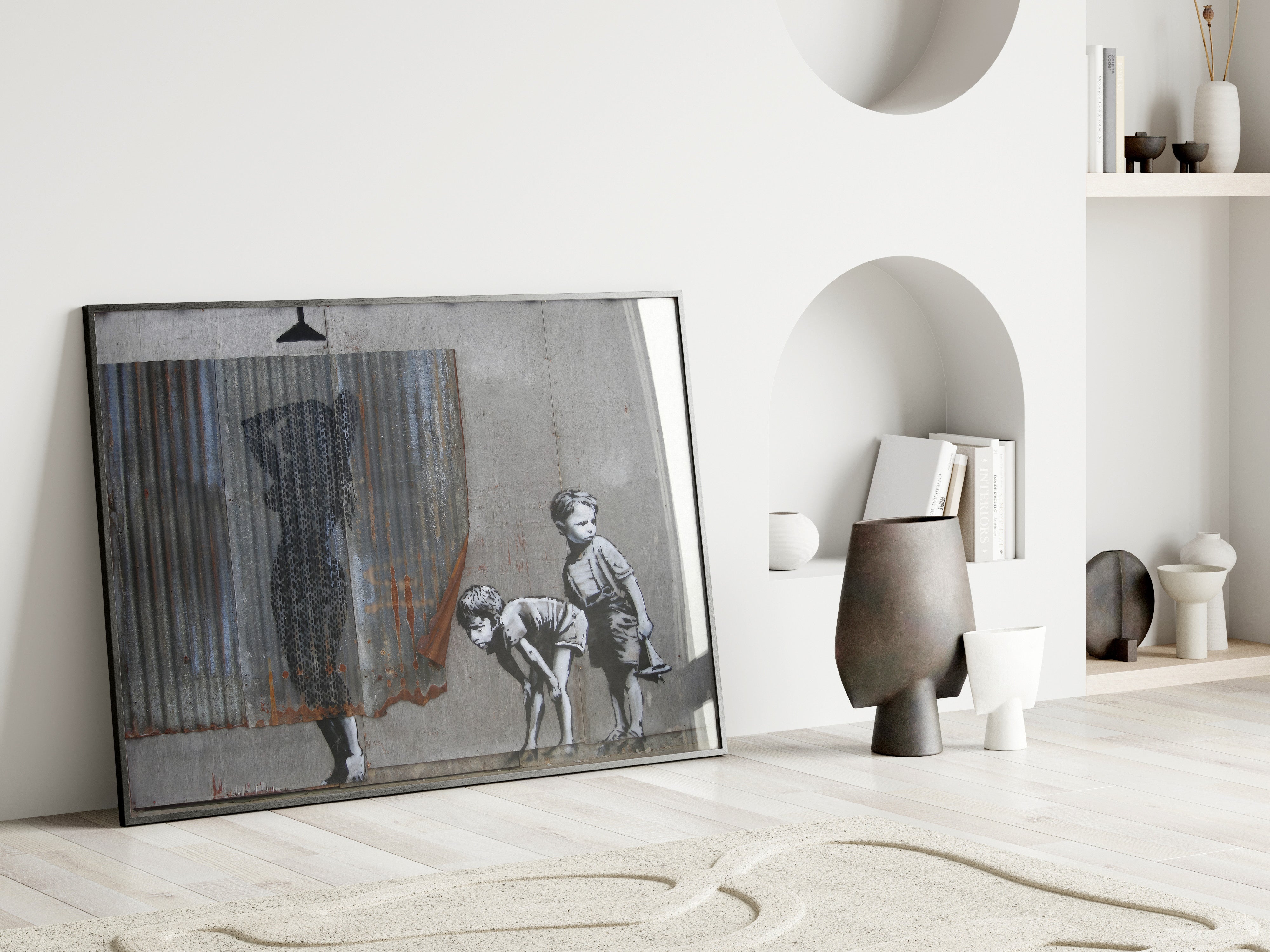 Banksy-inspired Peeping Boys wall art print with children looking behind a screen