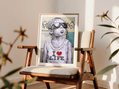 Banksy style I Love Life graffiti kid blowing bubblegum artwork