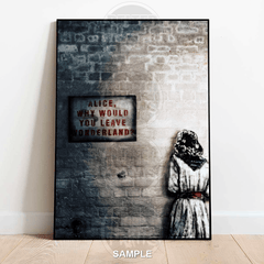 Framed artwork of a girl leaning against a wall with text, displayed on a white wall.