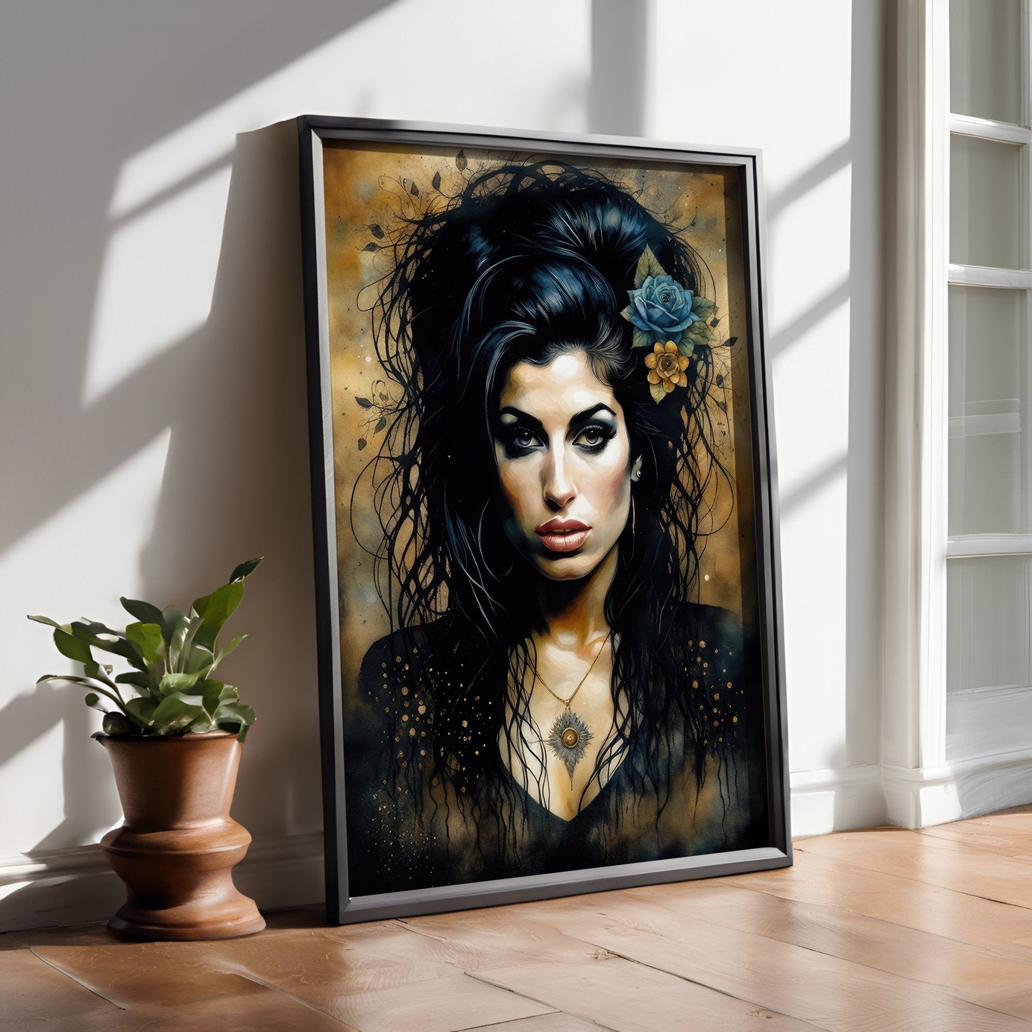 Framed portrait of a woman with flowers in her hair on a wall in a sunlit room.