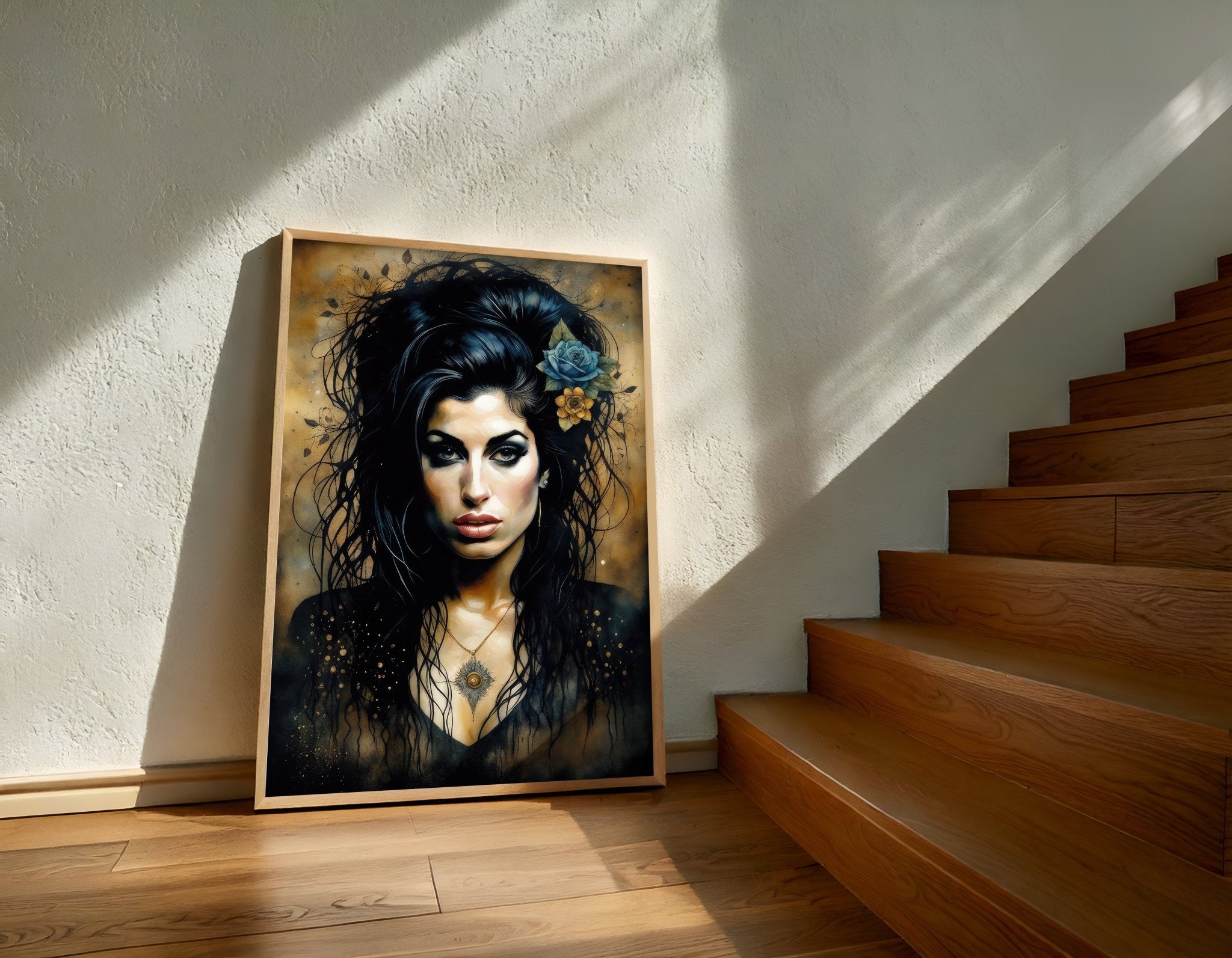 Framed portrait of a woman with flowers in her hair on a wall next to wooden stairs.