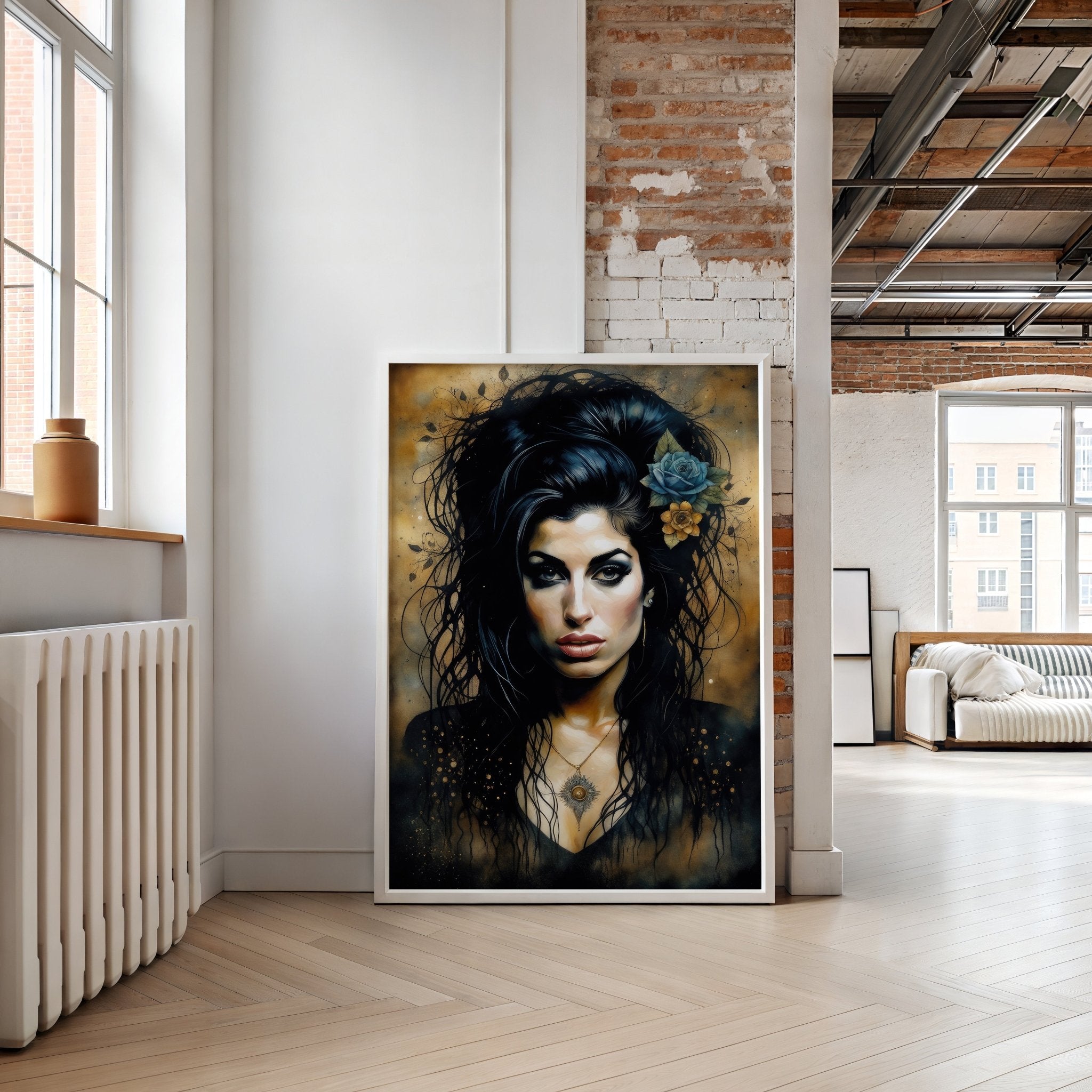 Framed portrait of a woman with dark hair and flowers in a modern room.