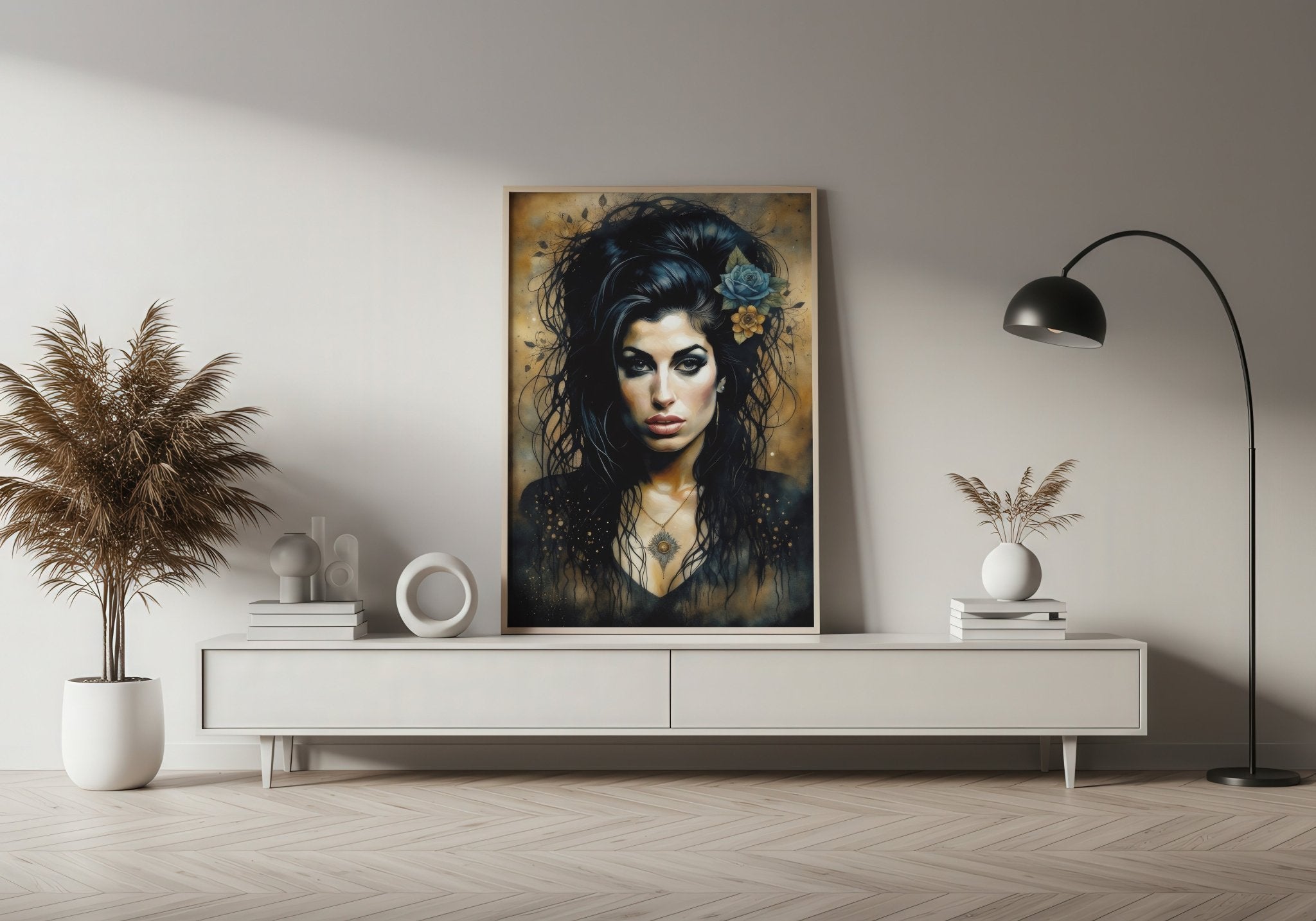 Modern interior with a portrait of a woman on a wall above a white console table.
