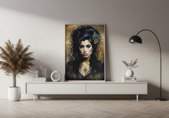 Modern interior with a portrait of a woman on a wall above a white console table.