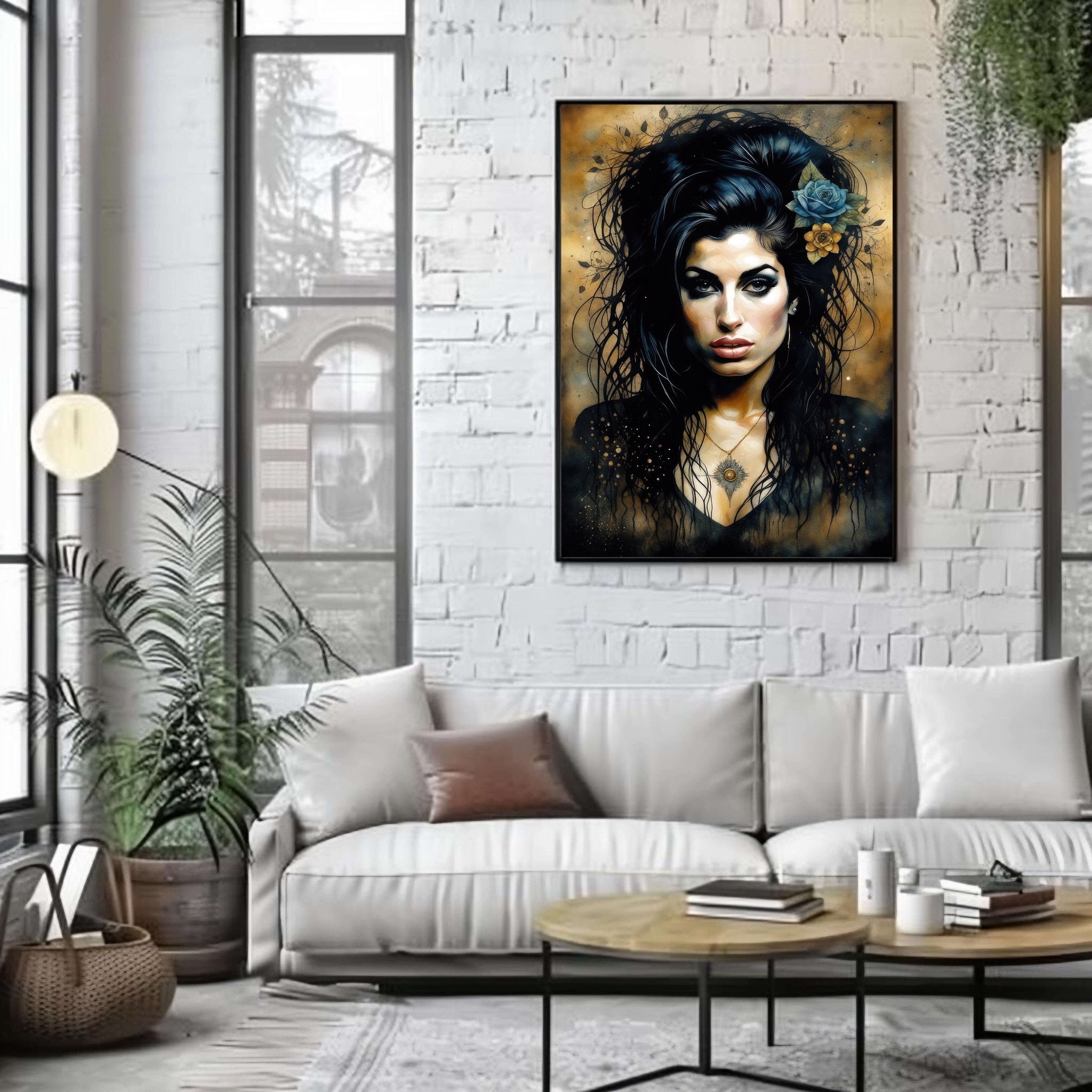 Living room with a white sofa, coffee table, and a large framed portrait of a woman on the wall.