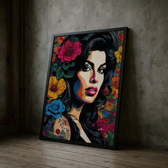 Framed artwork of a woman's face with colorful flowers against a concrete wall.