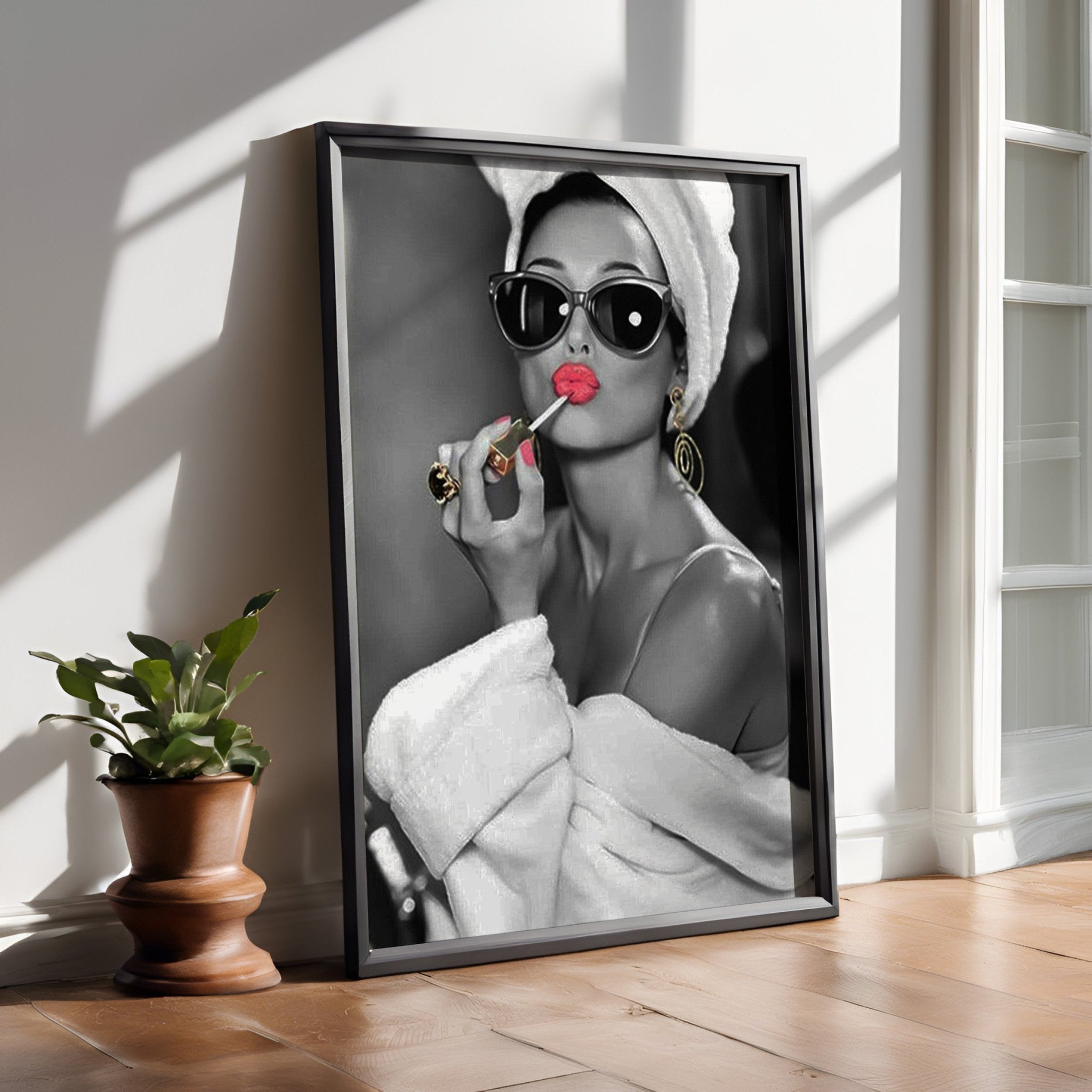 Audrey Hepburn Red Lipstick Wall Art | Modern Black and White Glamour Print - Print