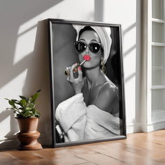 Audrey Hepburn Red Lipstick Wall Art | Modern Black and White Glamour Print - Print