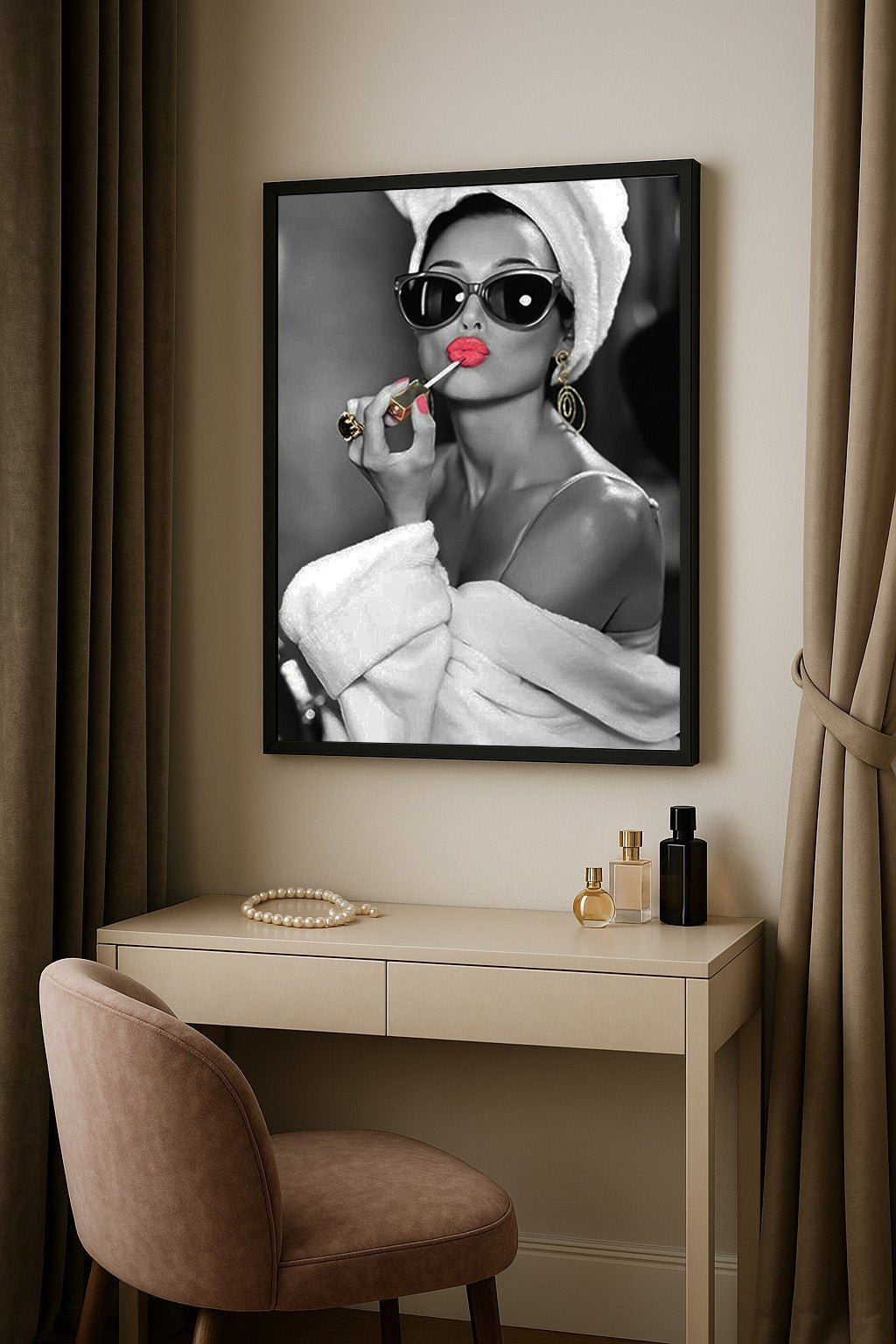 Audrey Hepburn Red Lipstick Wall Art | Modern Black and White Glamour Print - Print