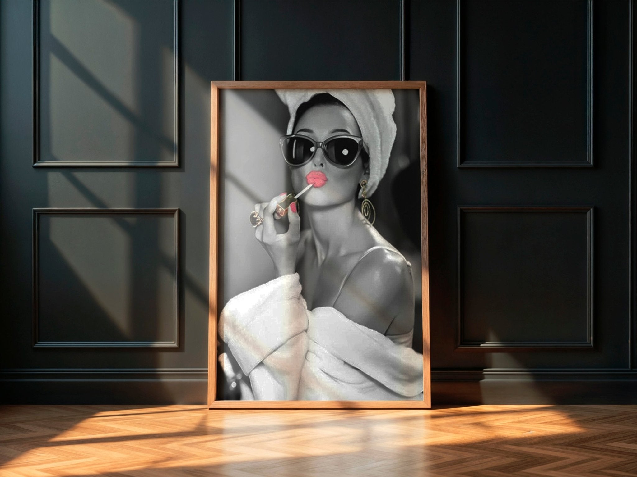 Audrey Hepburn Red Lipstick Wall Art | Modern Black and White Glamour Print - Print