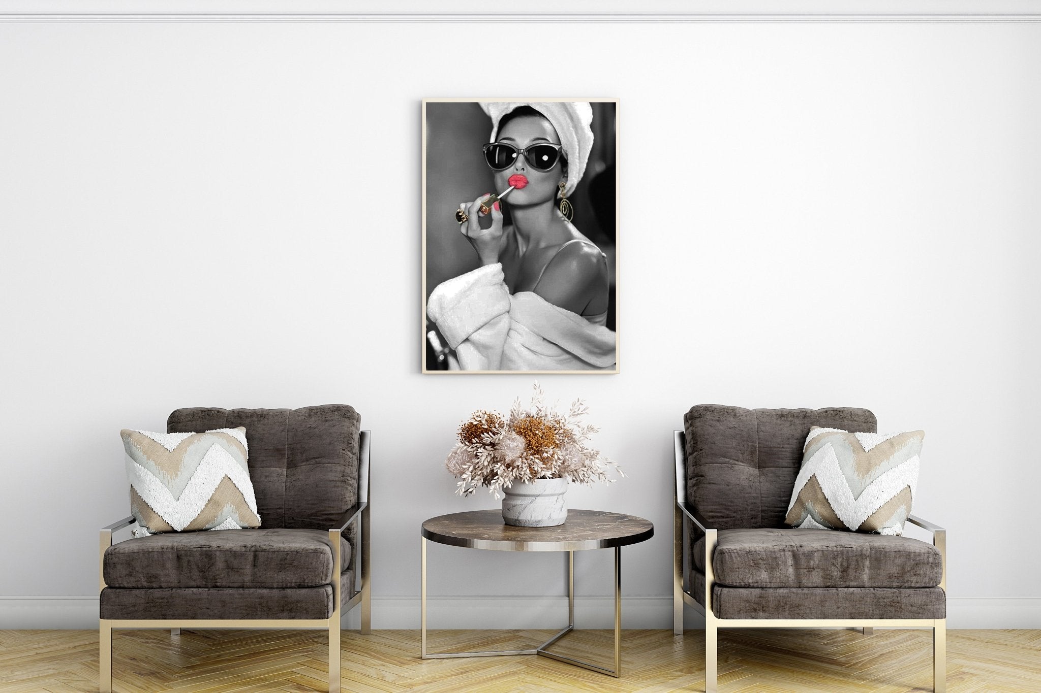 Audrey Hepburn Red Lipstick Wall Art | Modern Black and White Glamour Print - Print
