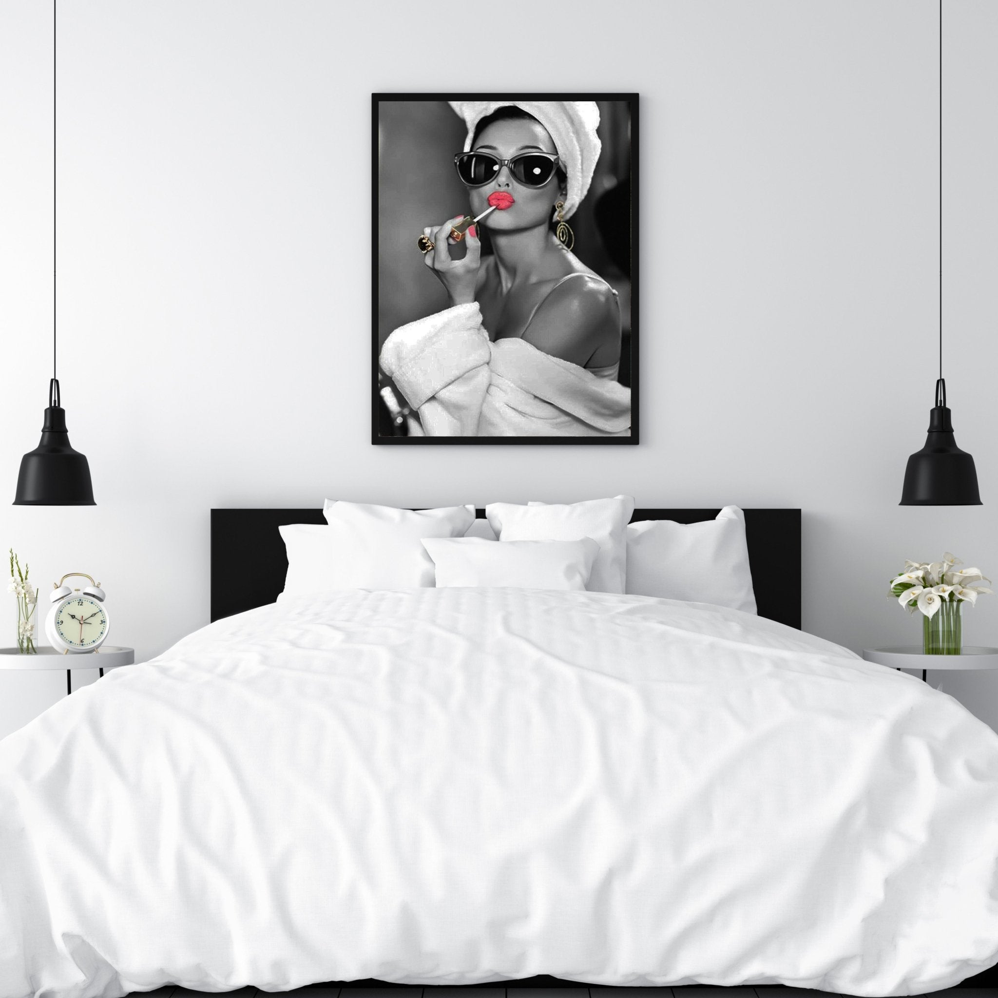Audrey Hepburn Red Lipstick Wall Art | Modern Black and White Glamour Print - Print