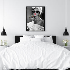 Audrey Hepburn Red Lipstick Wall Art | Modern Black and White Glamour Print - Print