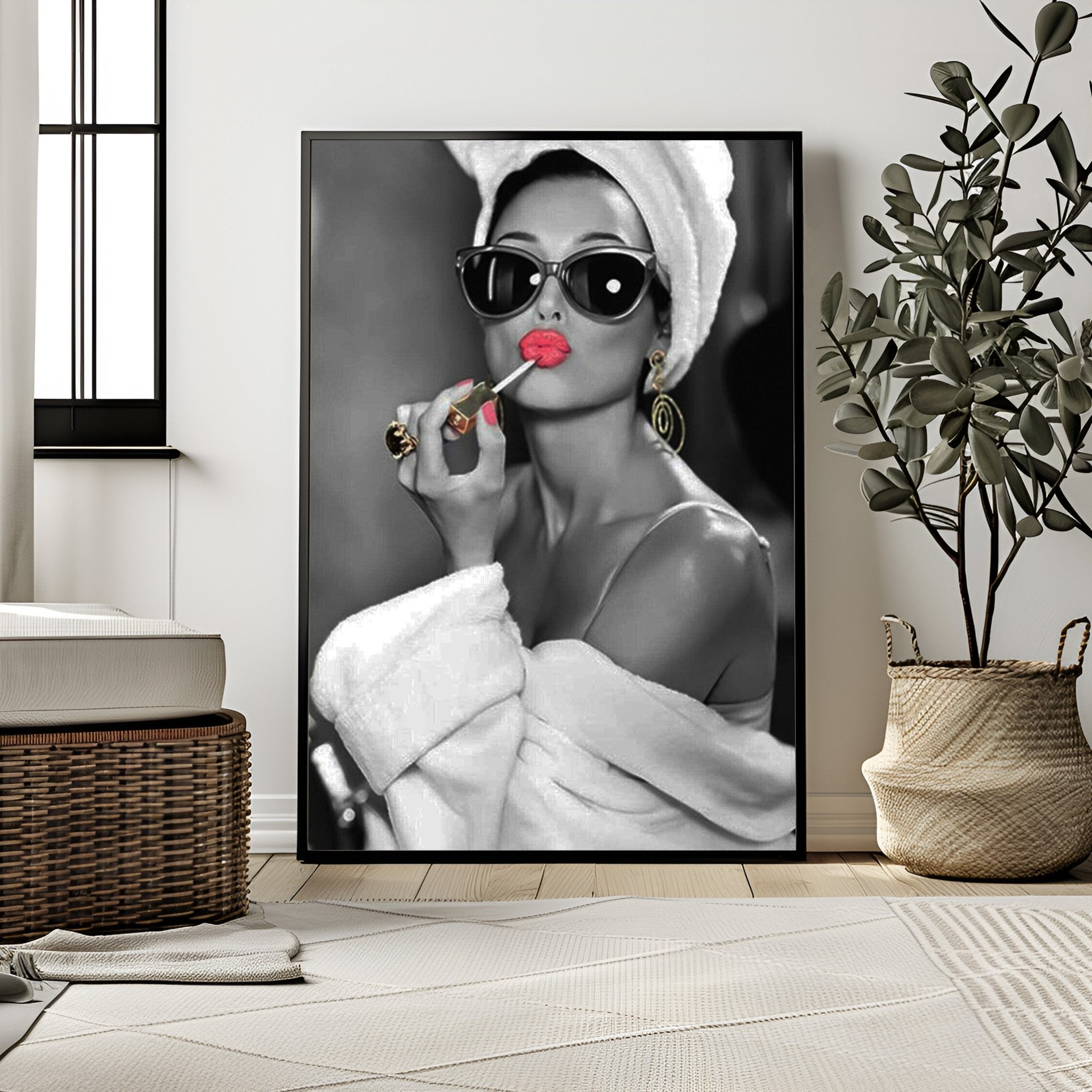 Audrey Hepburn Red Lipstick Wall Art | Modern Black and White Glamour Print - Print