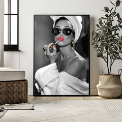 Audrey Hepburn Red Lipstick Wall Art | Modern Black and White Glamour Print - Print