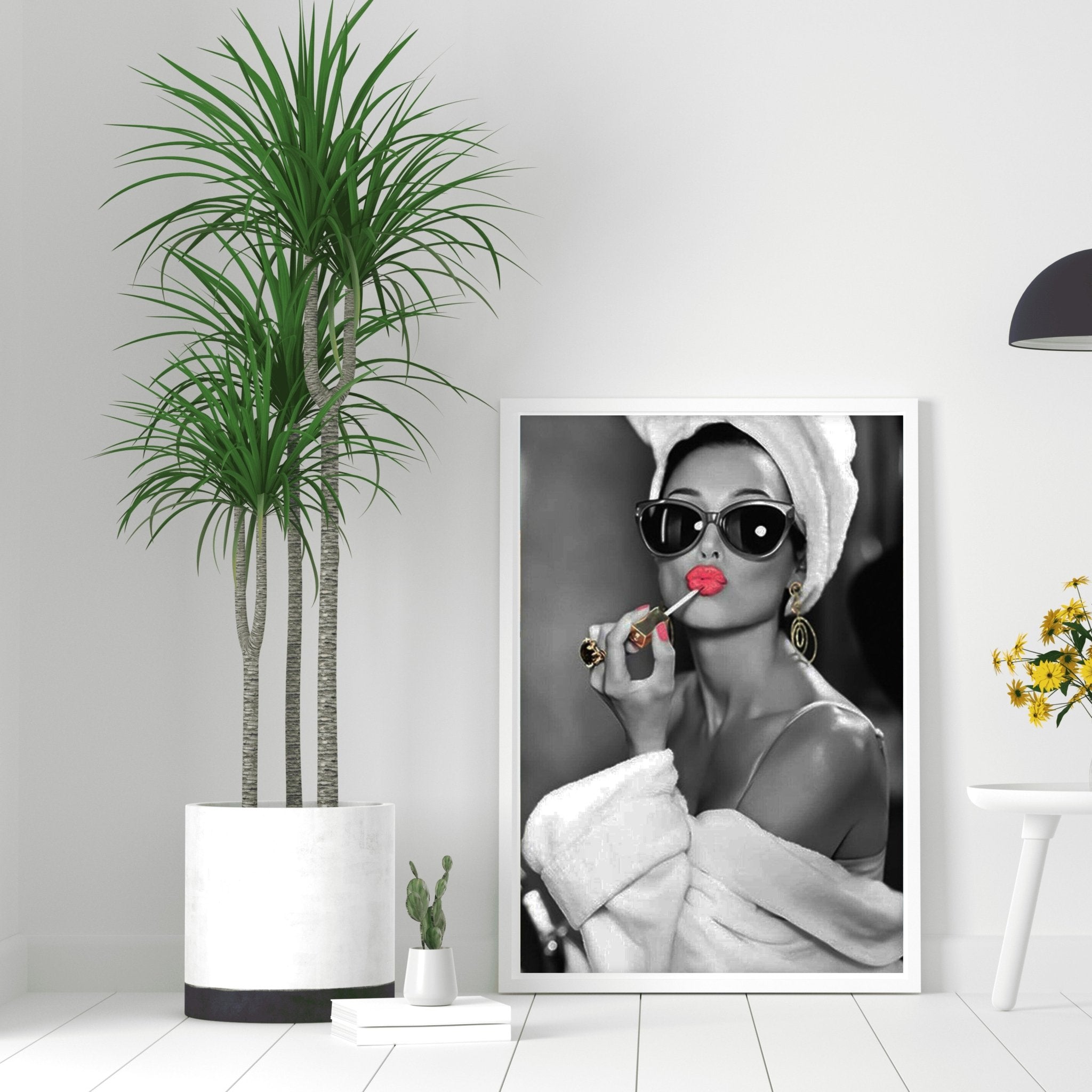 Audrey Hepburn Red Lipstick Wall Art | Modern Black and White Glamour Print - Print