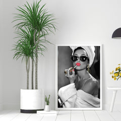 Audrey Hepburn Red Lipstick Wall Art | Modern Black and White Glamour Print - Print