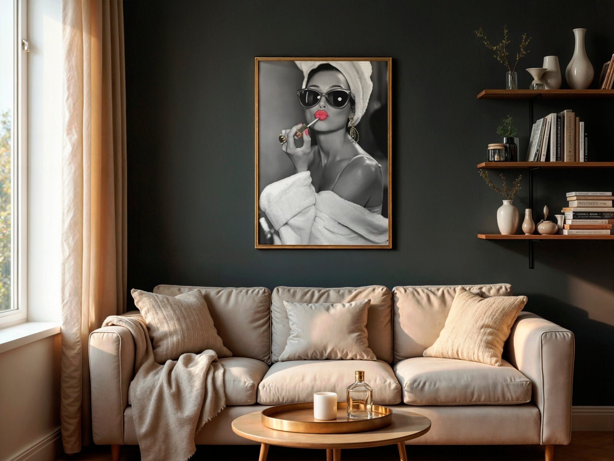 Audrey Hepburn Red Lipstick Wall Art | Modern Black and White Glamour Print - Print