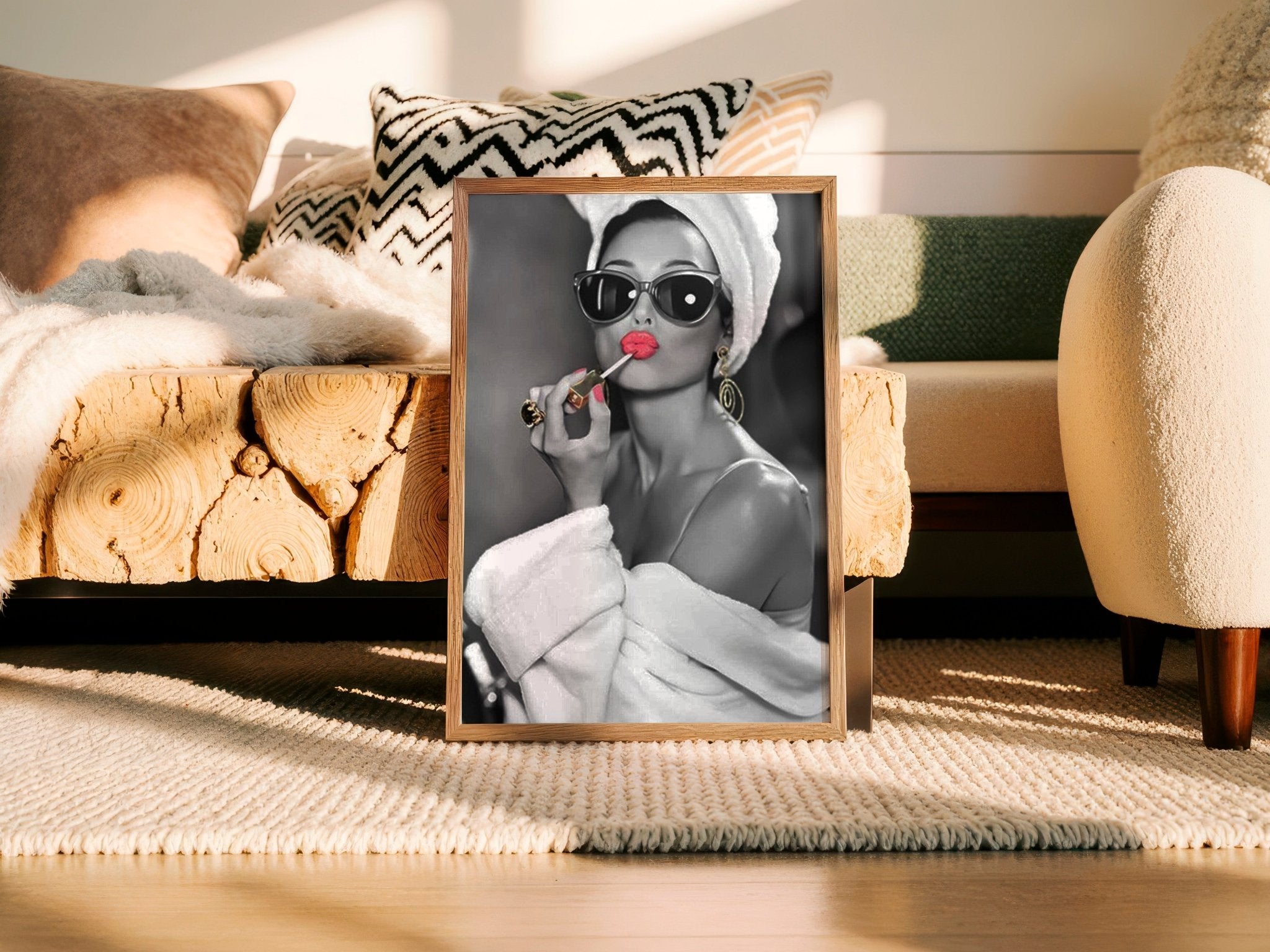 Audrey Hepburn Red Lipstick Wall Art | Modern Black and White Glamour Print - Print