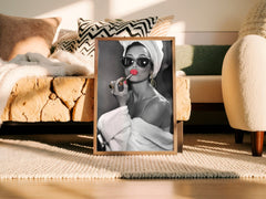 Audrey Hepburn Red Lipstick Wall Art | Modern Black and White Glamour Print - Print