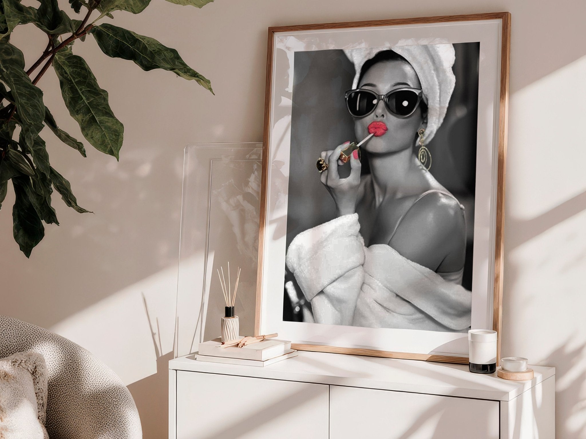 Audrey Hepburn Red Lipstick Wall Art | Modern Black and White Glamour Print - Print
