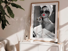 Audrey Hepburn Red Lipstick Wall Art | Modern Black and White Glamour Print - Print