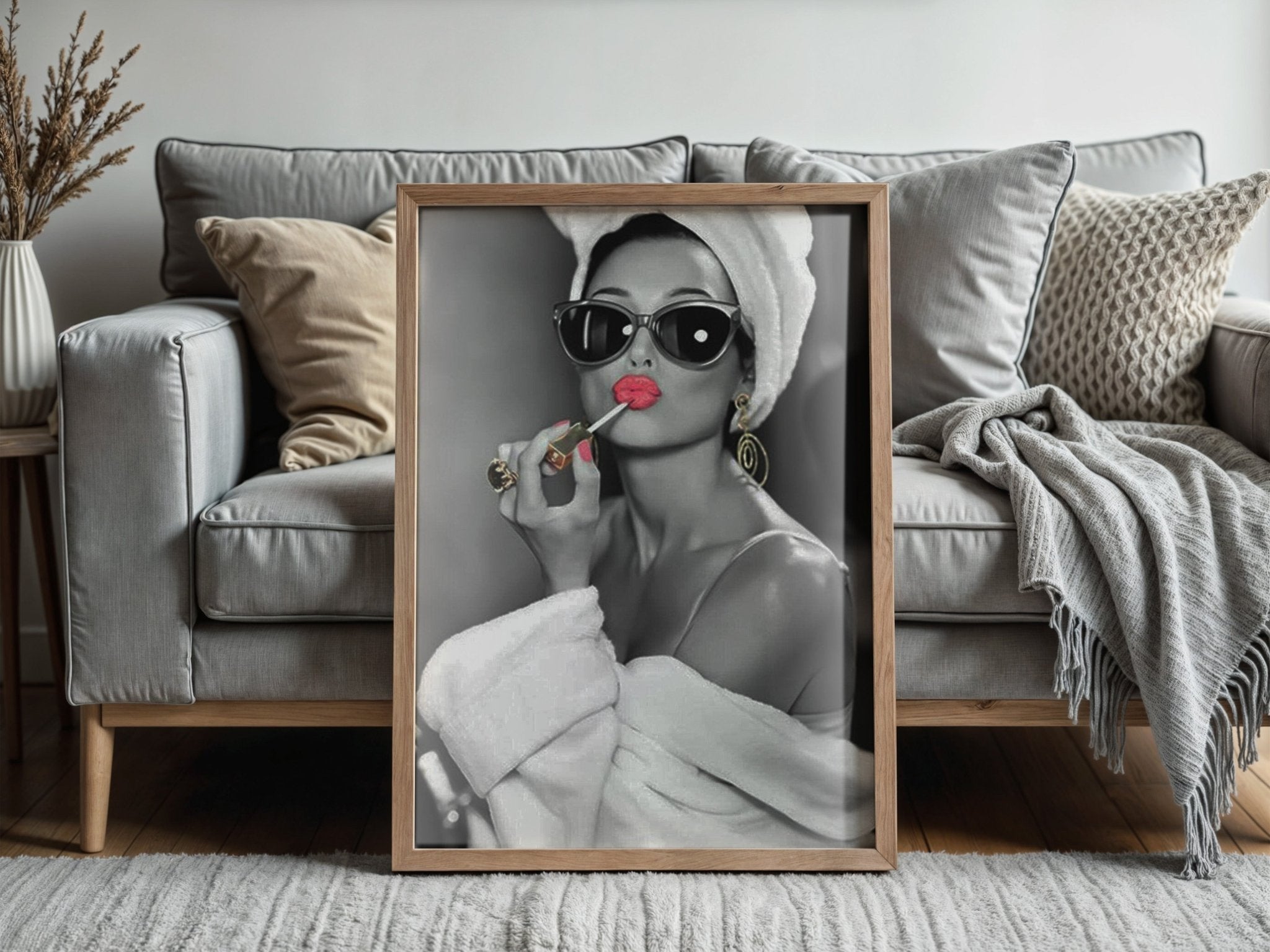 Audrey Hepburn Red Lipstick Wall Art | Modern Black and White Glamour Print - Print