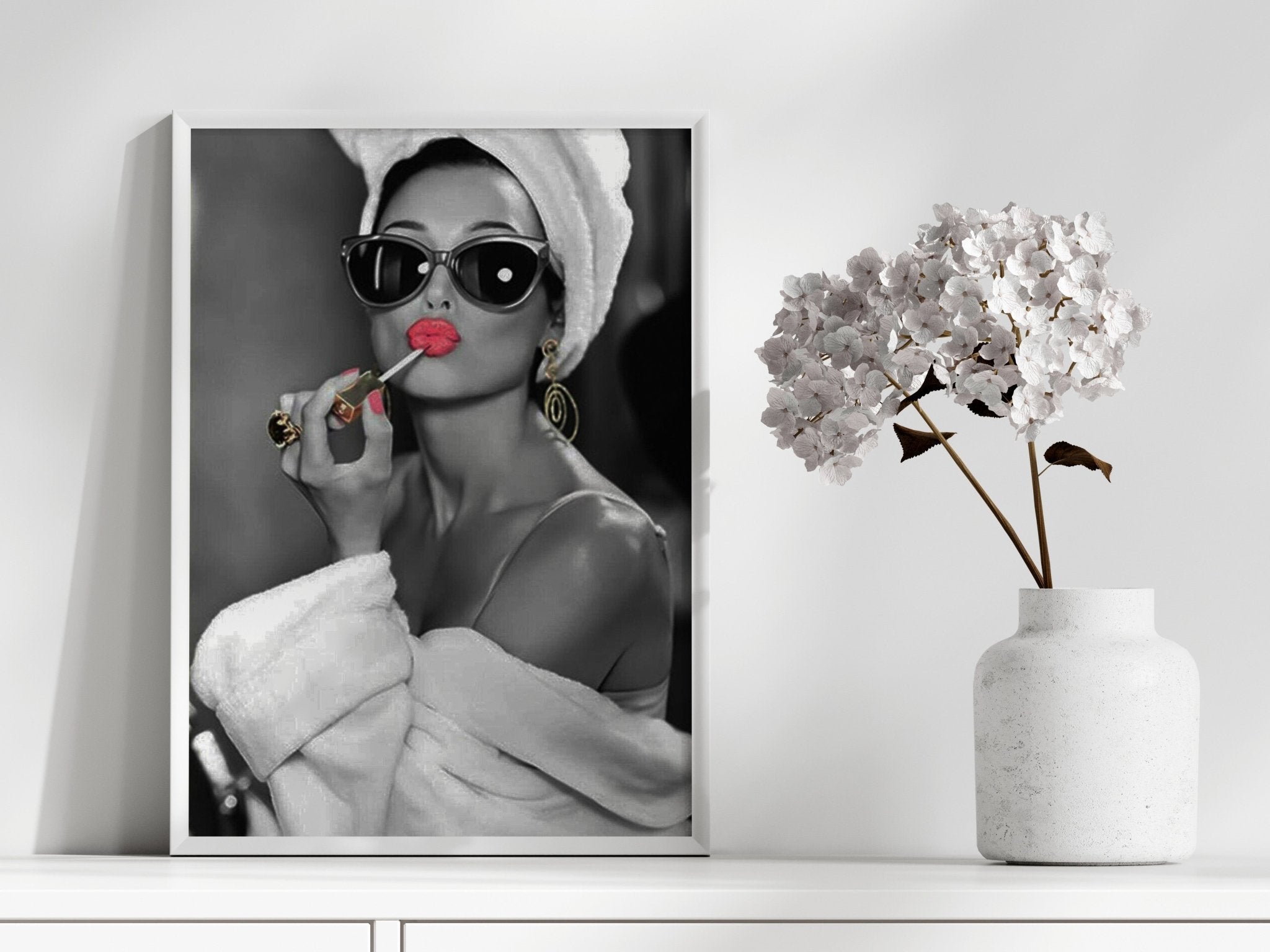 Audrey Hepburn Red Lipstick Wall Art | Modern Black and White Glamour Print - Print