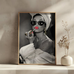 Audrey Hepburn Red Lipstick Wall Art | Modern Black and White Glamour Print - Print