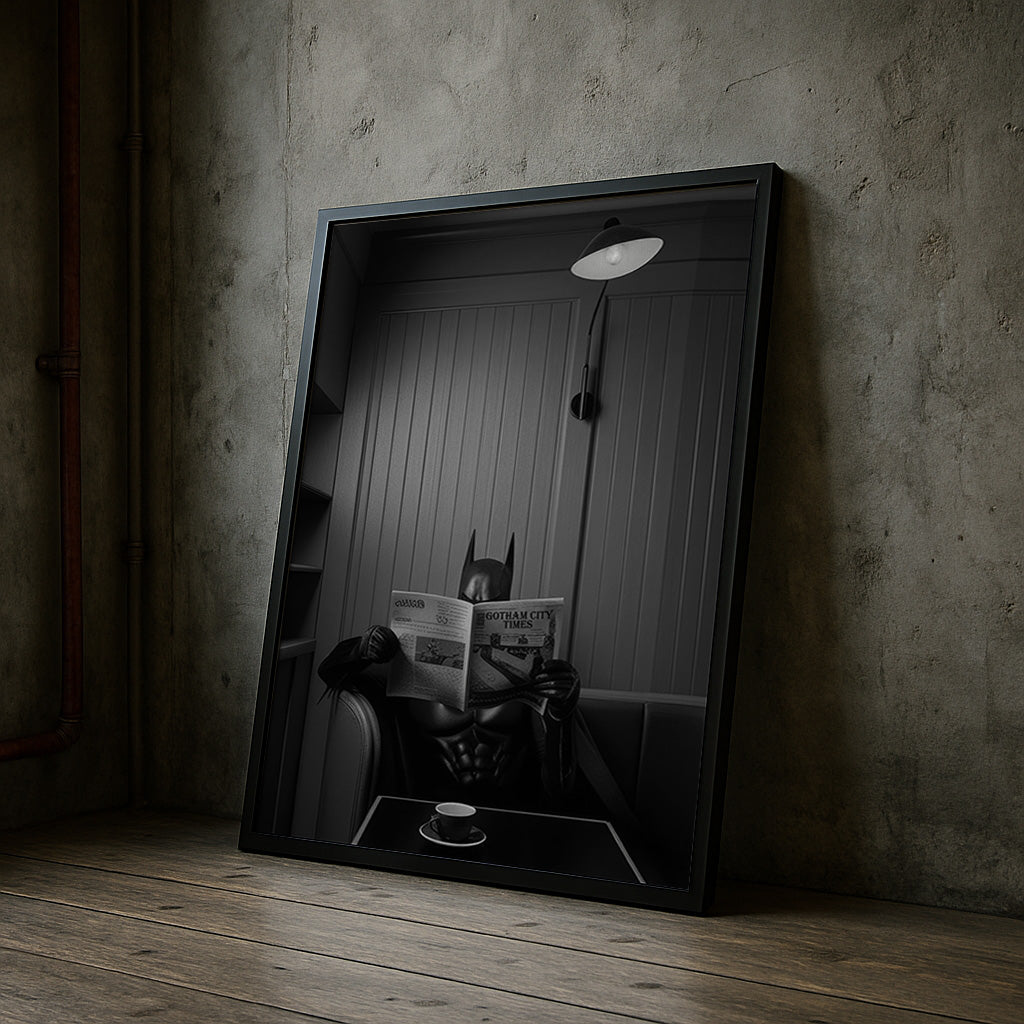Framed black and white photo of a room with a lamp and chair on a textured wall.