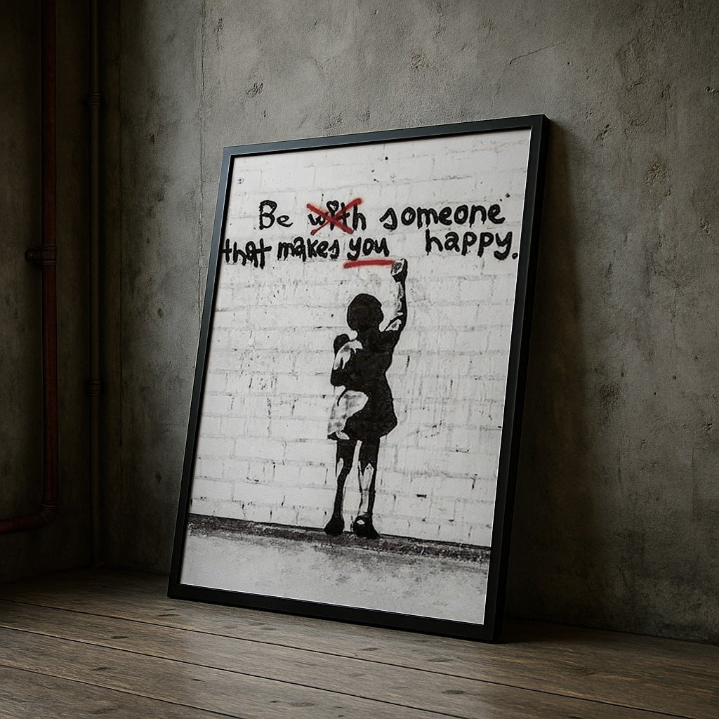 Framed artwork with a quote and a silhouette of a person against a brick wall.