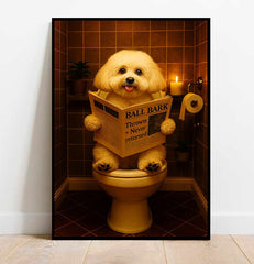 Dog sitting on a toilet reading a newspaper in a bathroom setting