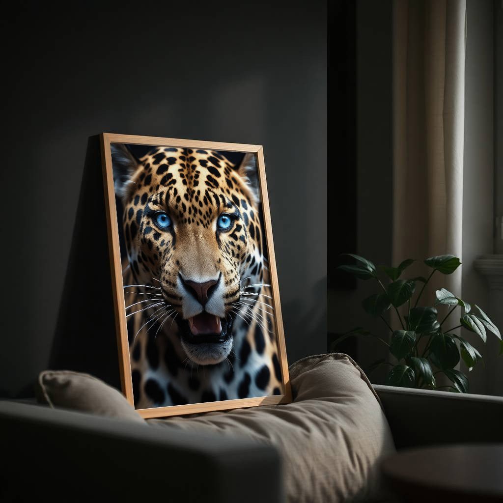 Blue Eyed Leopard | Fierce Jungle Cat Wall Art Print - Print