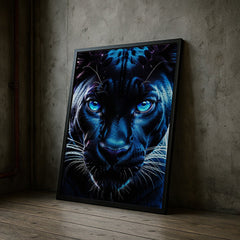Blue Neon Panther | Fierce Jungle Cat Wall Art Print - Print