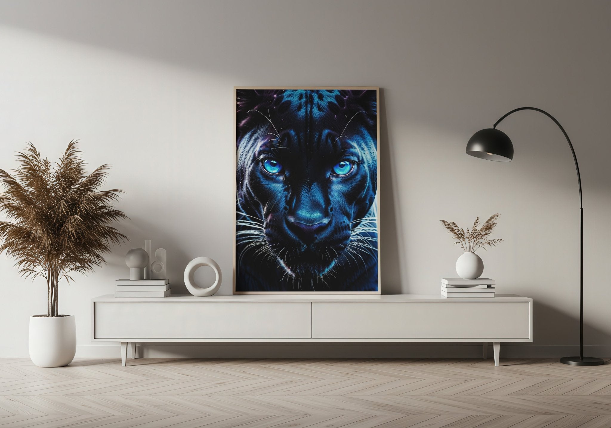 Blue Neon Panther | Fierce Jungle Cat Wall Art Print - Print